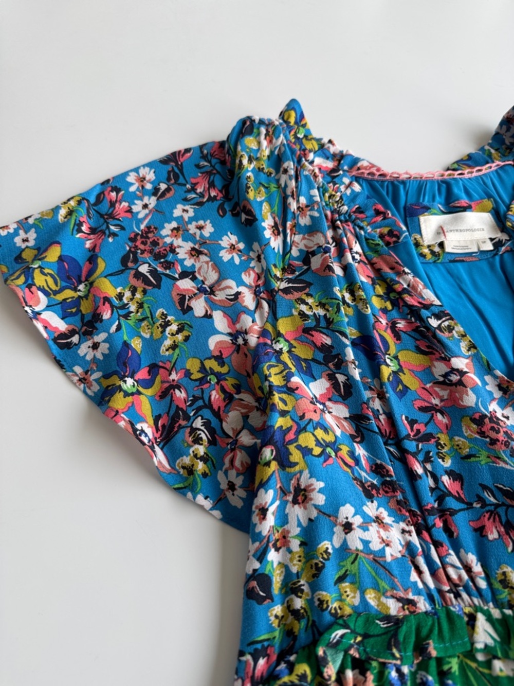 Anthropologie Blue & Green Floral Tiered V-Neck Dress in size Small Petite - Picture 3 of 10